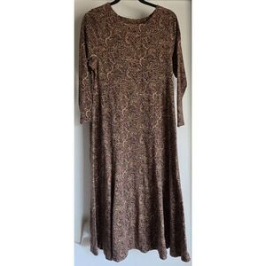 VTG Liz&Co Womens L Paisley Maxi Dress Brown Tan Maroon Long Sleeve Boho Gown